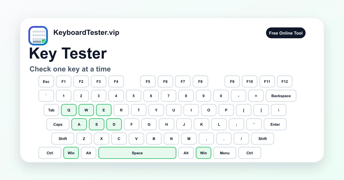 Key tester visual card with one highlighted keyboard key and input status