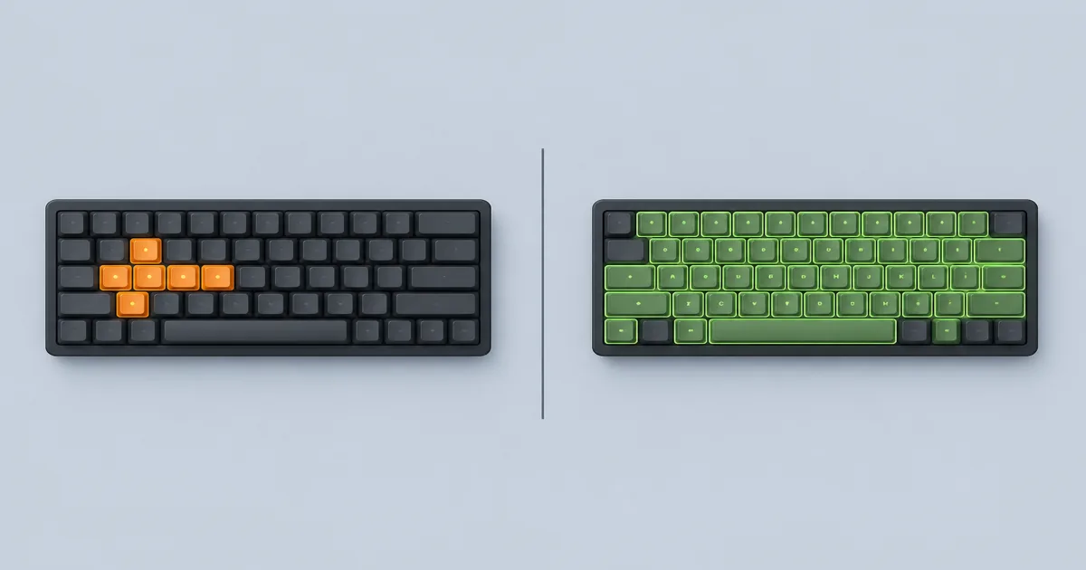 Side-by-side keyboards showing a six-key limit versus many keys lighting at once
