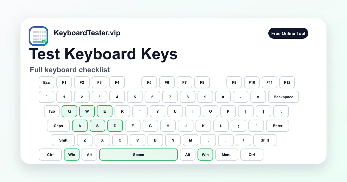 Test keyboard keys visual card showing a row-by-row keyboard checklist